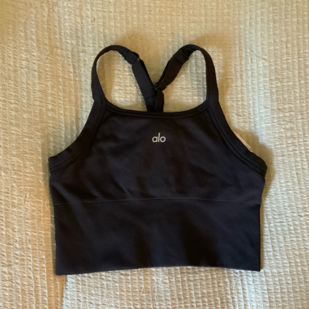 Alo Yoga Seamless Ribbed Favorite Sports Bra Tank Top Black Logo Size Small - Picture 5 of 11